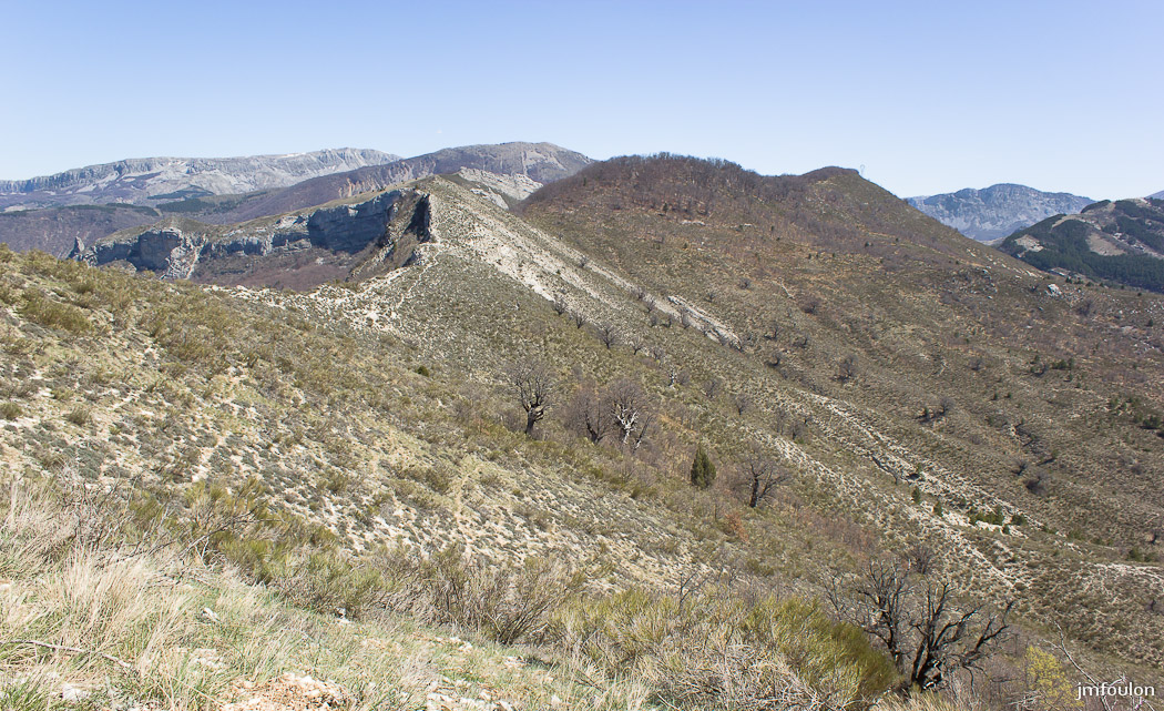 gache-076.jpg - Vue sur l'adret ici semi-désertique de Gache. Celui-ci est parsemé à cet endroit de vieux chênes tortueux. Le reste de la végétation est constitué principalement de genêts et de thym