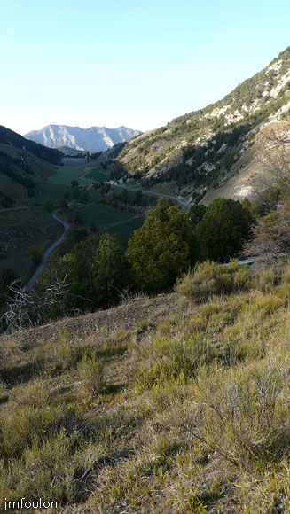 astoin-01web.jpg - Vue vers le Nord et la route qui longe le ravin de l'Eau Amère et passe le Col de Sagnes (1171 m) que nous voyons au loin. Derrière se trouve le bassin de Turriers. En arrière plan de gauche à droite Montserieux (1596 m) les crêtes de la Colle et de Maladrech (1596 m) et le sommet de la Cita (1382 m)